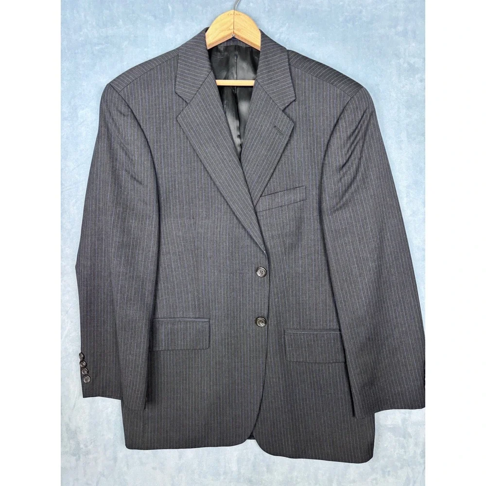 Chaps Ralph Lauren Mens 40S Blazer Jacket Charcoal Grey Blue Pinstripe 2 Button